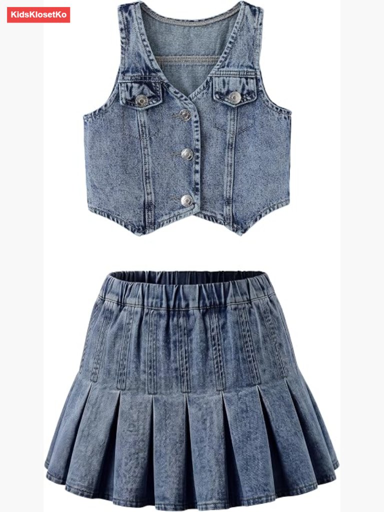 Girls Preppy Denim Vest & Pleated Skirt Set 2-Piece Outfit Soft Breathable